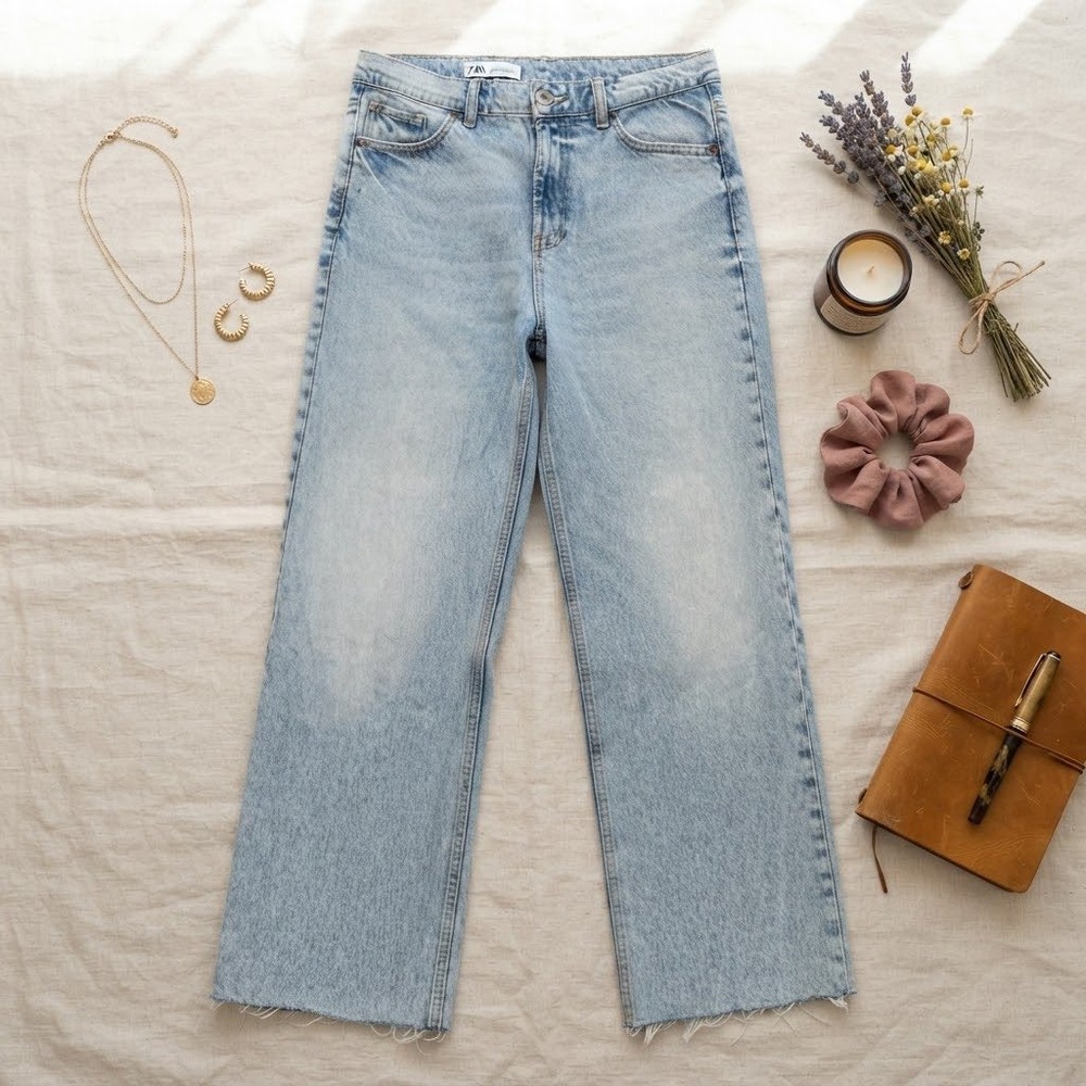 Zara Women Light Wash High Waisted Wide Leg Jeans Raw Hem Size 8